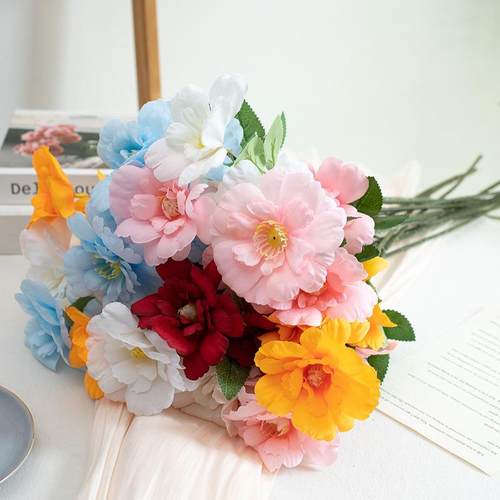 仿真花彩色立体3头丹凤 居家装饰假花生日派对婚庆装扮仿真牡丹定