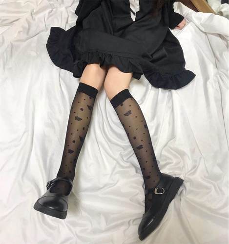 春夏薄款蝴蝶点点包芯丝提花中筒丝袜JK小腿袜及膝黑丝袜ins潮袜