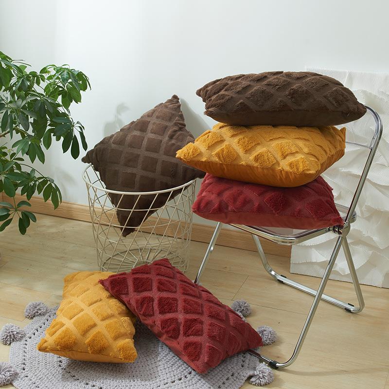 毛绒数码绣特种绣抱枕套新款色几块菱形冬季靠垫套定制