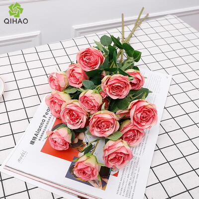 仿真6叉粉红佳人玫瑰花 婚庆人造花假花装饰 塑料花仿真红玫瑰花