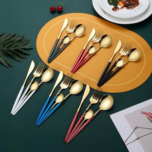 不锈钢刀叉勺四件套酒店西餐牛排刀叉葡萄牙餐具套装金色勺子定制