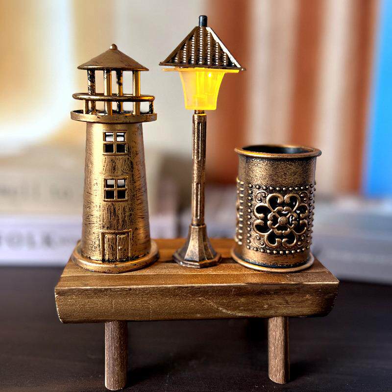 创意仿古灯塔路灯发光摆件笔筒 学生礼品白色沙漏变色小夜灯摆件
