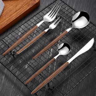 网红葡萄牙餐具430不锈钢胡桃木叉勺仿木夹柄西餐牛排刀勺叉四件