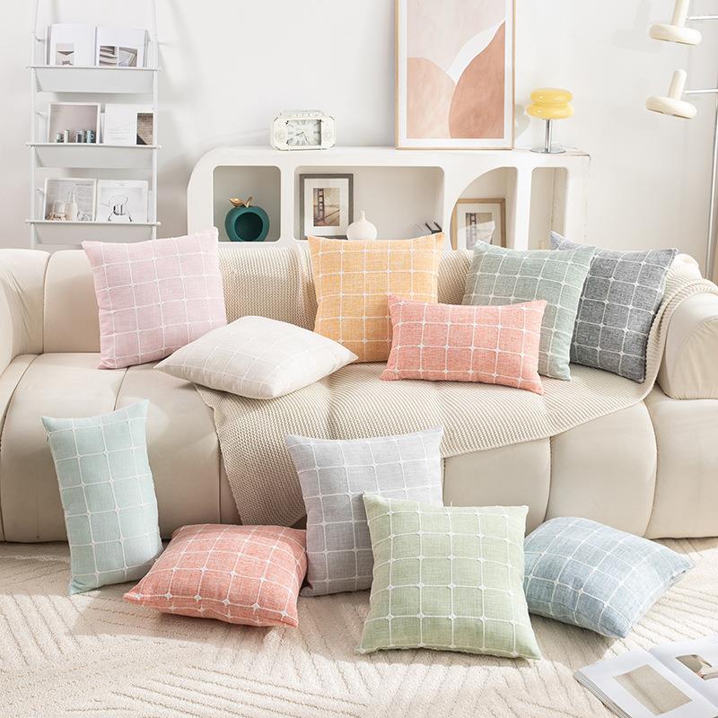 现代简约方块纹抱枕套日系双面棉麻沙发卧室靠垫套方形沙发靠枕定