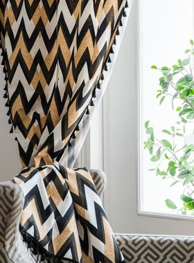 窗帘成品棉麻印花美式黑色流苏波西米亚风格波纹印花金色厨房帘