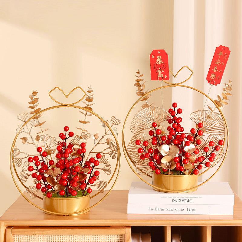 新中式红浆果发财果仿真花假花摆件客厅桌面装饰花篮乔迁新居礼物