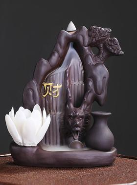 跨境紫砂檀香沉香炉室内家居摆件创意高山流水中国龙吐烟倒流香炉