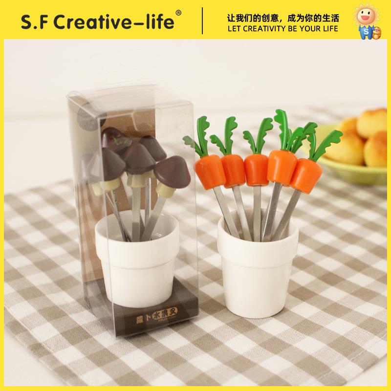 水果叉不锈钢套装家用可爱卡通小叉子创意水果签蛋糕甜品叉6支装