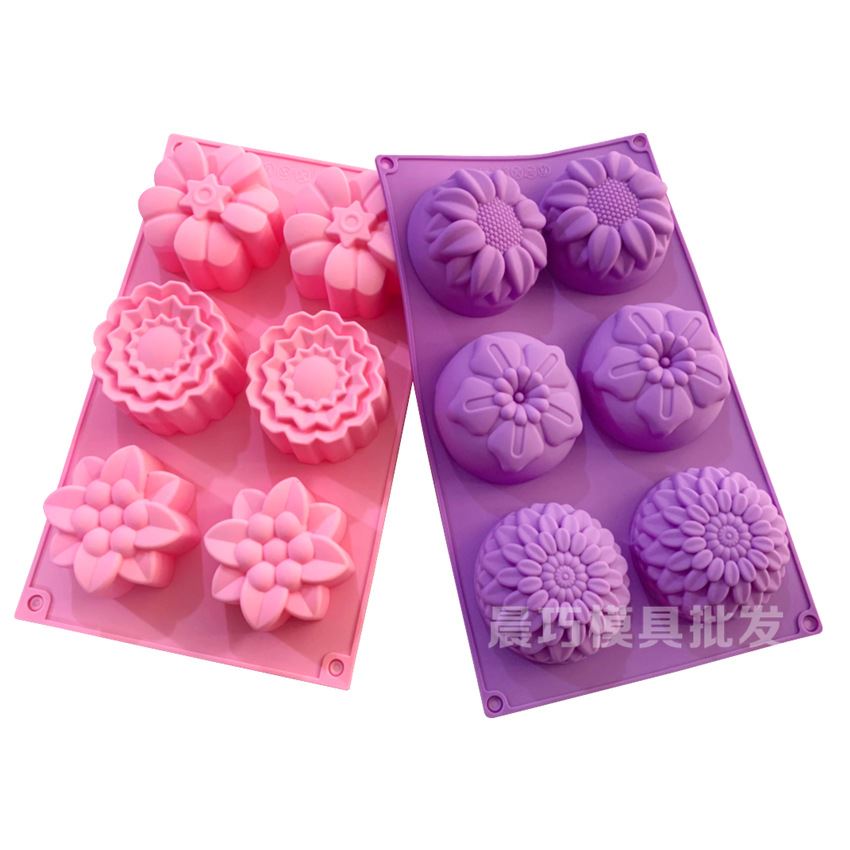 供应硅胶蛋糕模具 手工皂模具 六孔花朵模   6连三花 菊花 葵花
