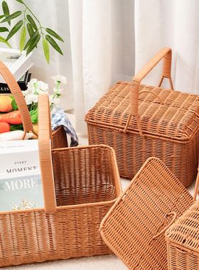 仿藤塑料编织提手方形野餐篮PP仿藤篮购物篮菜篮采摘果篮子果蔬篮