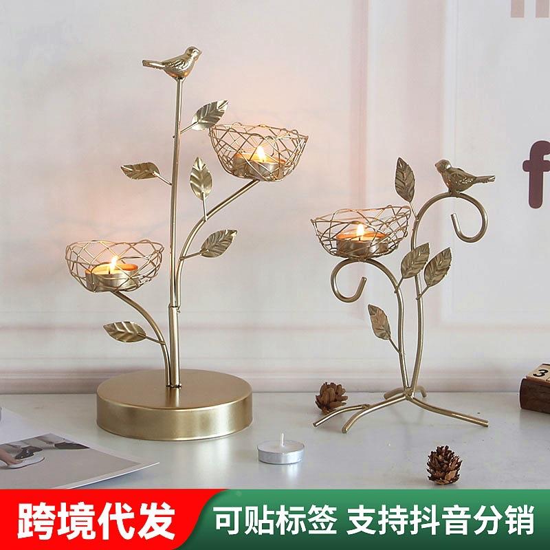 北欧铁艺金色小鸟香薰烛台摆件浪漫餐桌桌面装饰蜡烛台小摆设定制