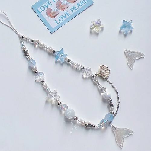 原创自制人鱼公主贝壳吊坠手机挂绳手工diy串珠ccd链条相机链