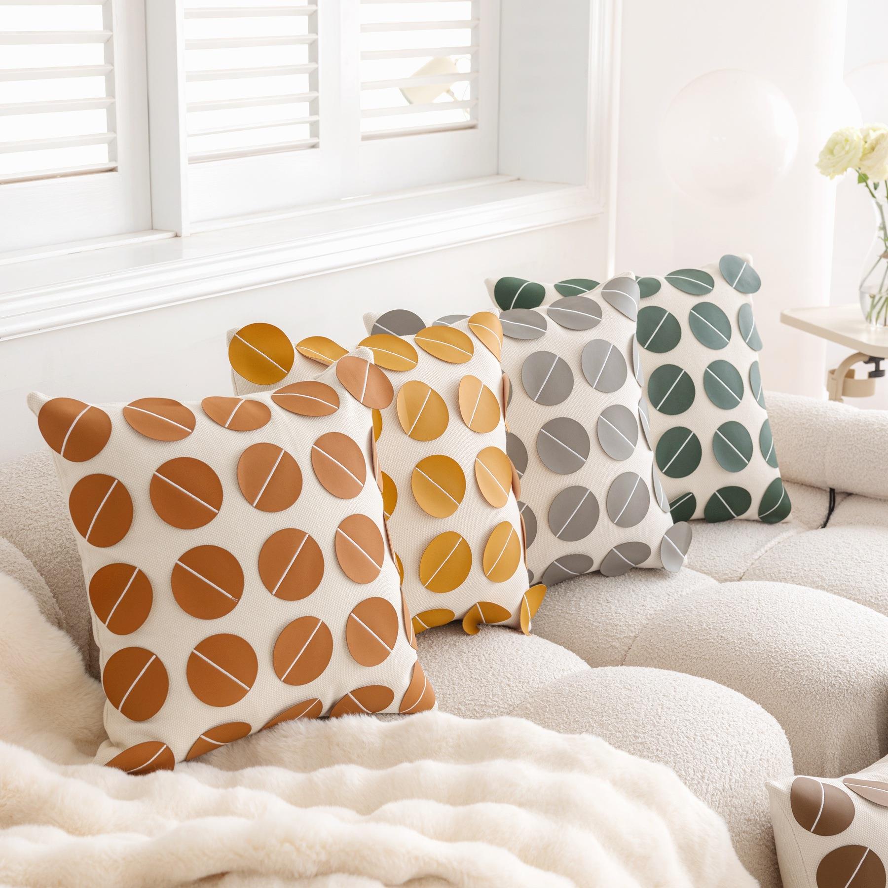 欧美轻奢ins风25圆片皮革绣片抱枕套 简约时尚沙发靠枕床头靠垫定