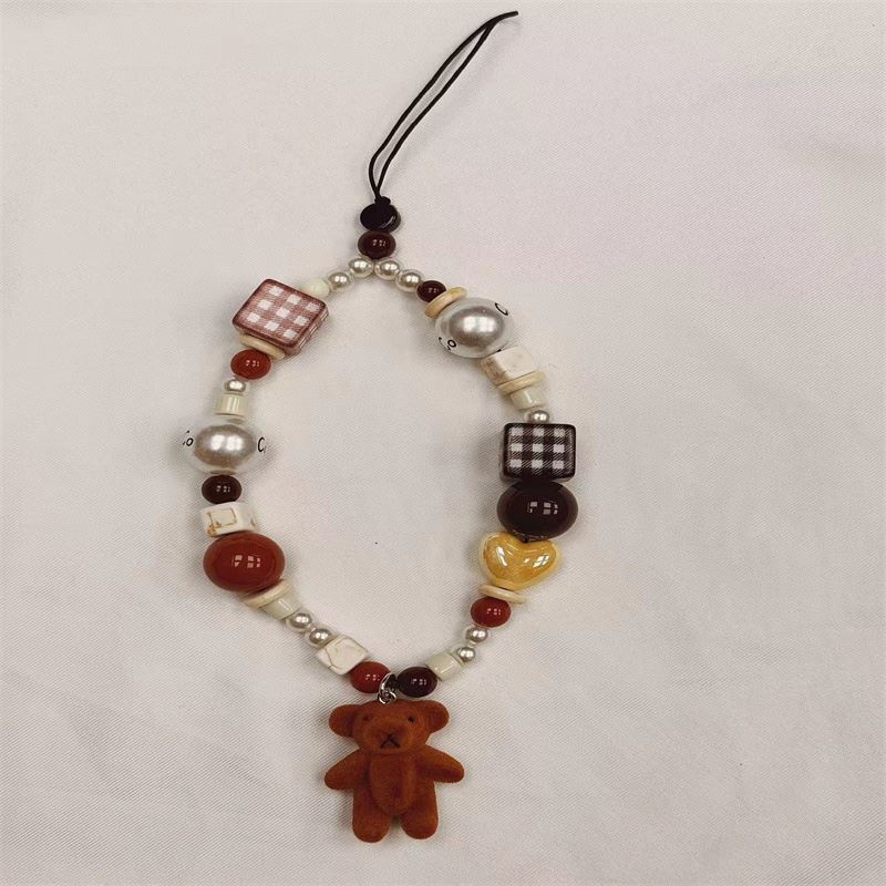 植绒小熊公仔咖啡色系手机链条串珠ccd挂绳卡通挂饰相机防丢绳