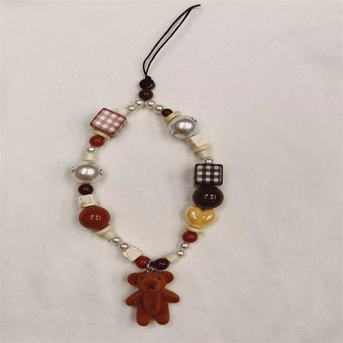 植绒小熊公仔咖啡色系手机链条串珠ccd挂绳卡通挂饰相机防丢绳