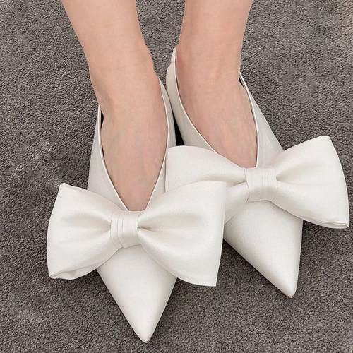 2025年春新款尖头百搭白色仙女风大蝴蝶结真丝尖头平底鞋单鞋女定