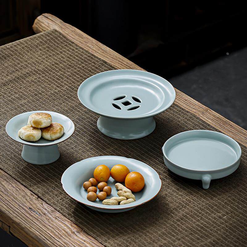 汝窑沥水果盘陶瓷高足茶点盘壶承功夫茶具干泡台茶配件干果坚果盘