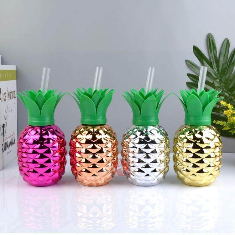 夏季可爱创意一次性塑料杯子水果菠萝草莓吸管杯饮料透明菠萝杯定