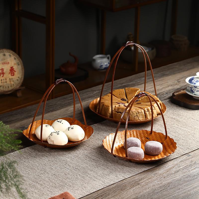 竹制手提点心篮手工编织果盘茶点盘展示架提篮酒店糕点篮零食果盘