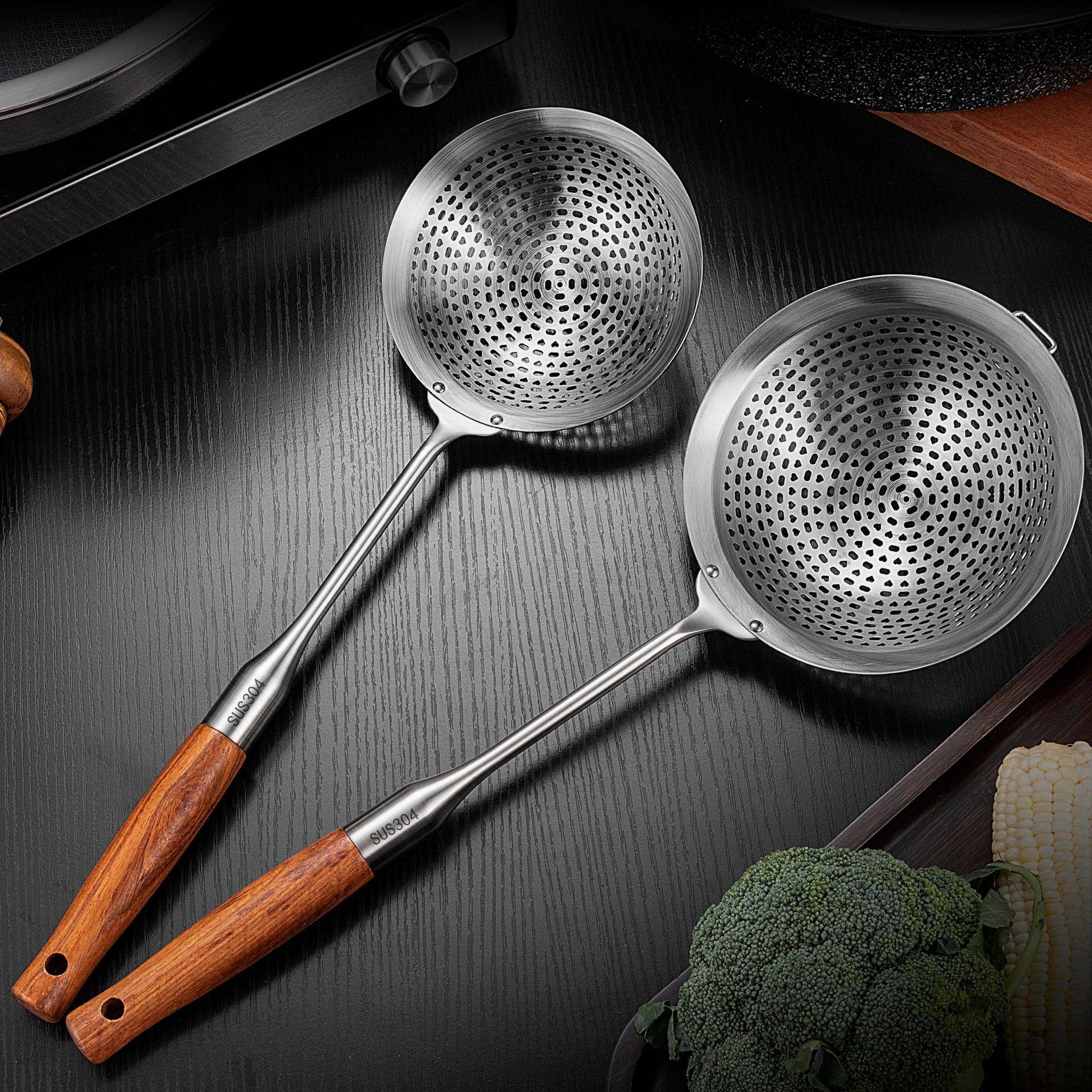 不锈钢漏勺花梨木漏勺大号勺加厚网网漏笊篱沥油勺