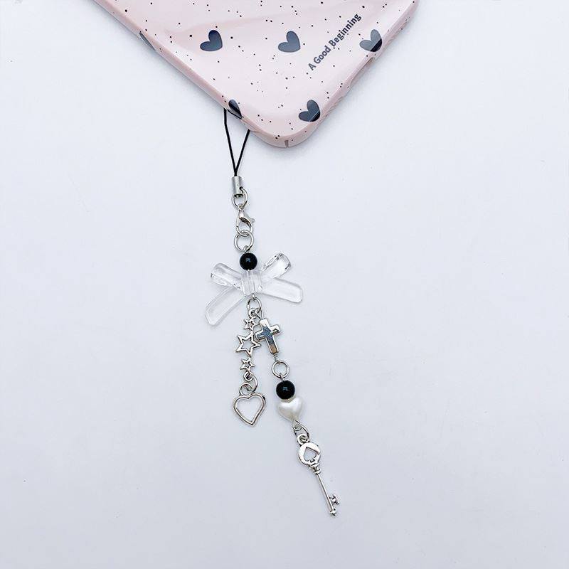 千禧风甜酷辣妹黑桃钥匙串珠蝴蝶结手机链个性咕本链百搭包包挂饰