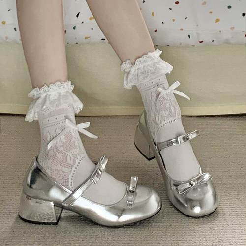 银色法式圆头浅口粗跟单鞋女2025新款夏季配裙子复古百搭玛丽珍鞋