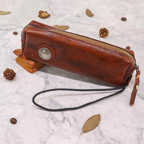 新款头层植鞣皮笔袋女士复古做旧笔套眼镜收纳袋大容量手提小包包定制