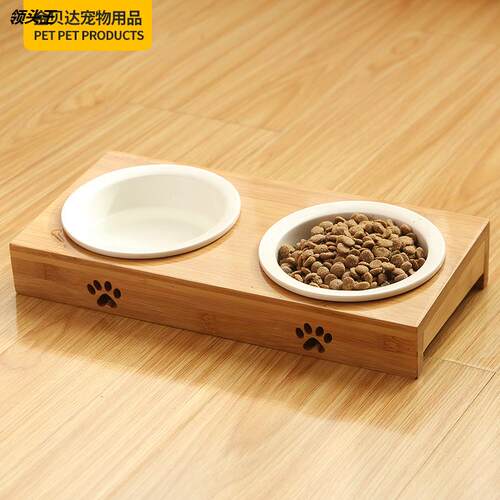 陶瓷宠物碗 竹子猫碗  亚马逊双碗餐桌 饮水狗碗 粮食盆木制猫碗