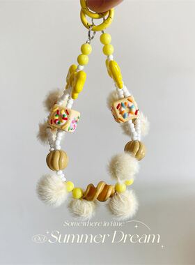 毛绒少女心手绘珠彩色串珠手机链手机绳背包挂绳创意CCD挂件装饰
