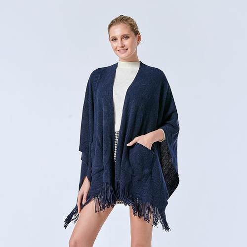 欧美秋冬新款口袋斗篷保暖空调披肩外搭仿开衩围巾披肩两用款定制