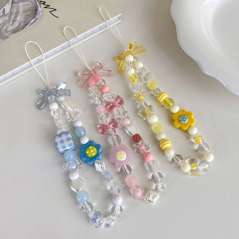 彩色串珠花朵蝴蝶结手机挂绳手机壳饰品配件手绳挂绳女