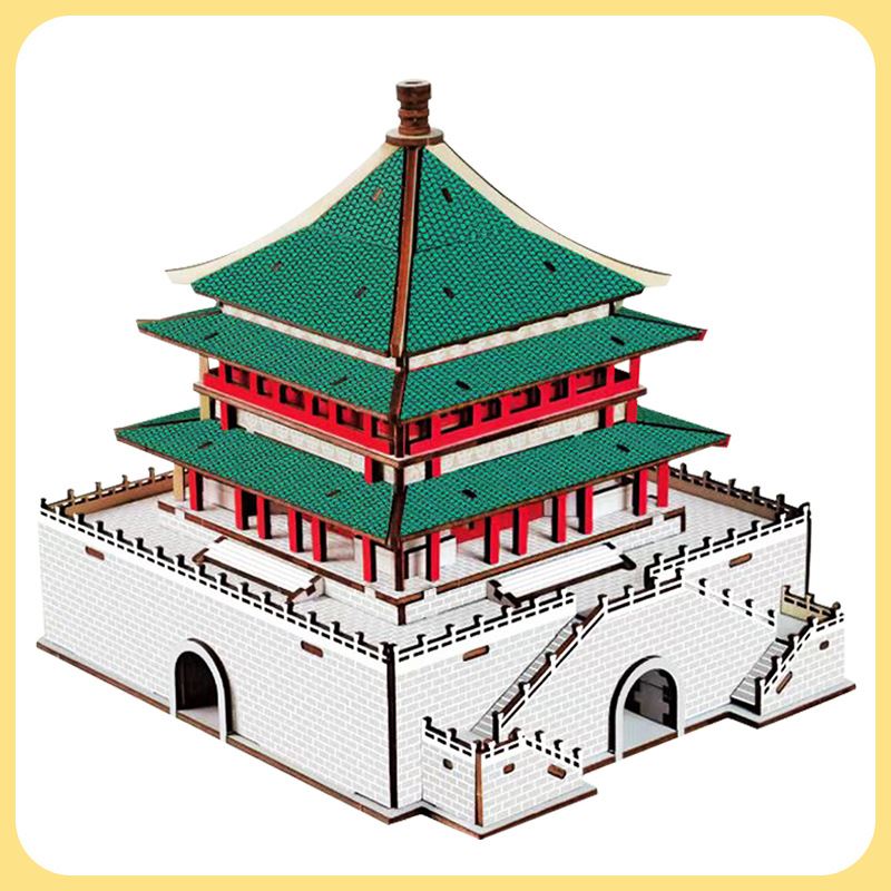 西安钟楼国潮手工拼装模型木制3d立体拼图礼品玩具纪念品