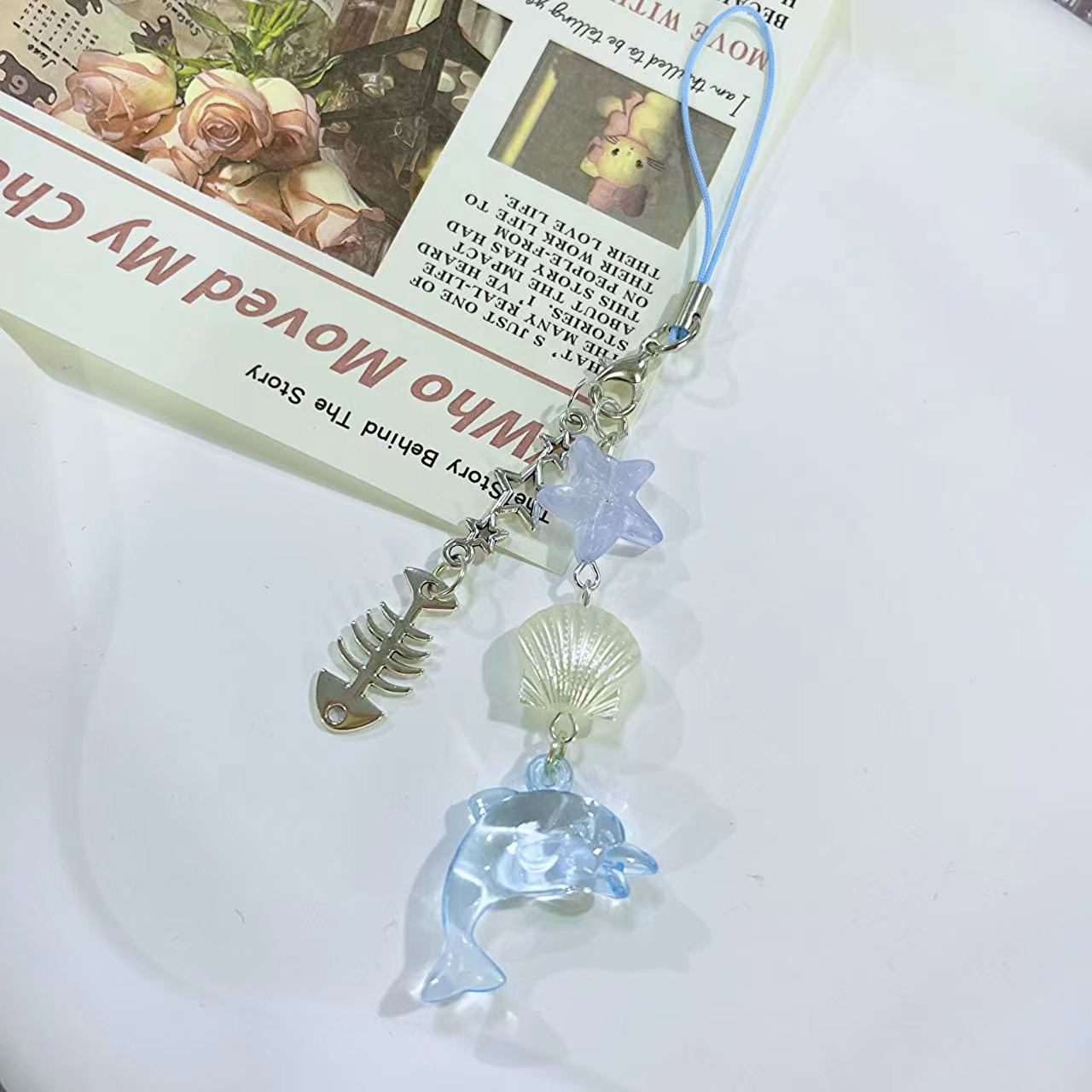 【蓝海星贝壳海豚】手机链挂件鱼骨可爱咕本链挂件钥匙扣海洋天蓝