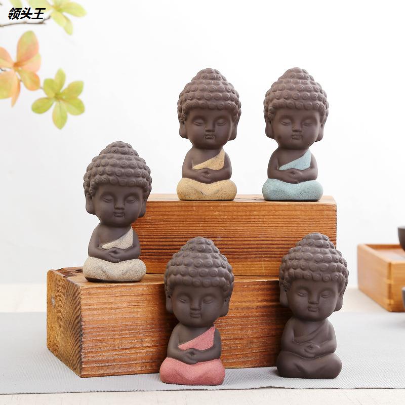 陶瓷手工茶宠佛像小紫砂彩砂小和尚汽车工艺品装饰摆件