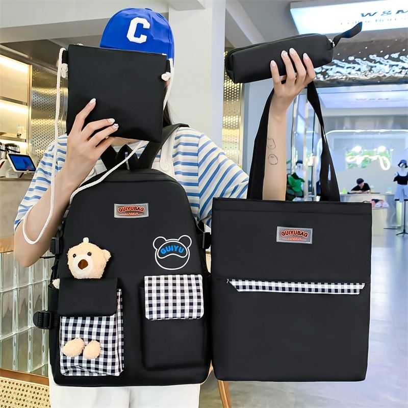 小学生补课袋背包书包四件套韩版小清新熊玩偶双肩包初中学生包