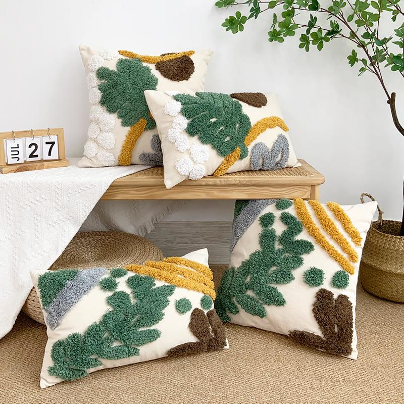 波西米亚北欧ins风摩洛哥沙发簇绒树叶抱枕 客厅靠垫民宿靠枕套定