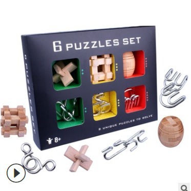 工厂直销榉木孔明锁扣六件套儿童成人玩具解环解锁鲁班球