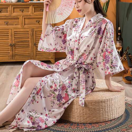夏季薄款色丁睡袍日式仿真丝碎花长和服浴衣开衫浴袍定制