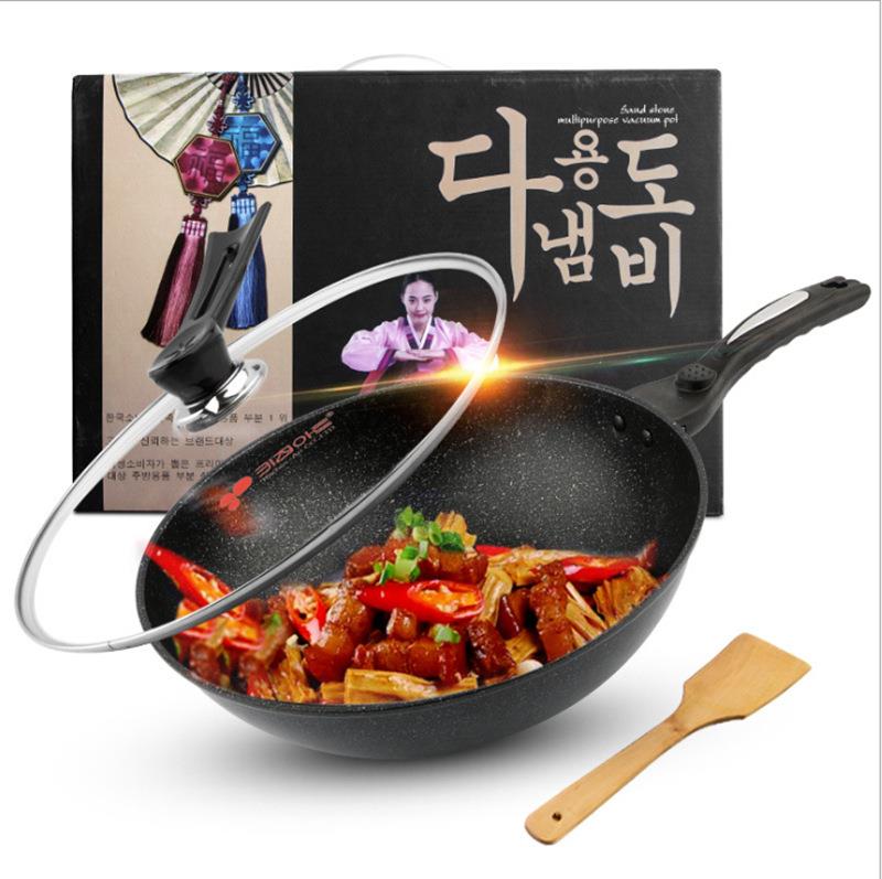 韩式麦饭石不粘锅无油烟炒菜平底锅家用压铸不粘炒锅养生炒锅批发