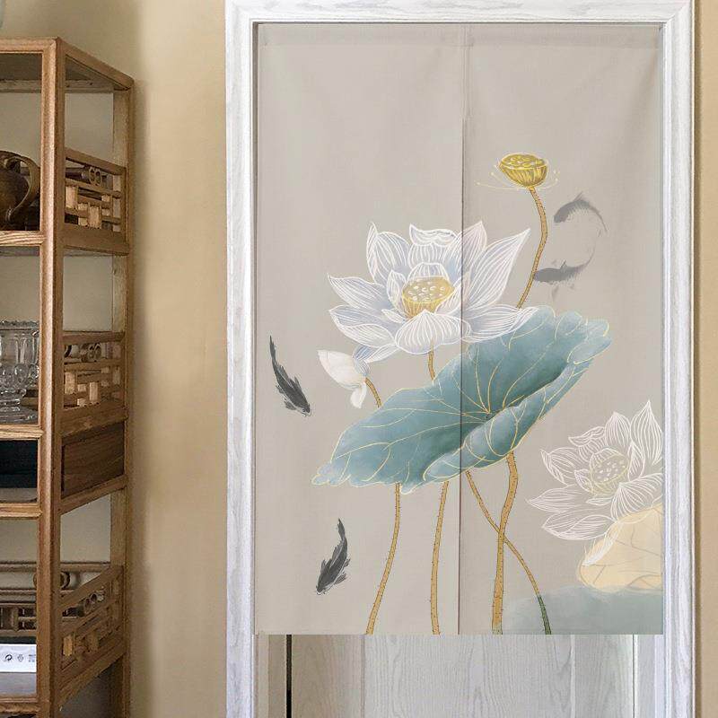 新中式高端免打孔门帘隔断帘厨房半截布艺简约淡雅棉麻厕所遮挡帘