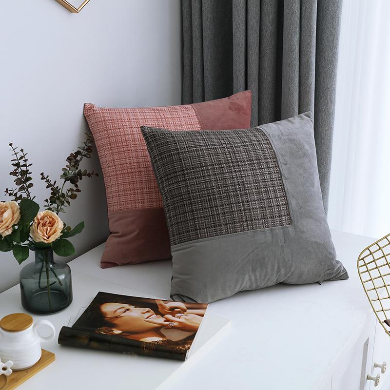 清仓 北欧荷兰绒拼接印花撞色靠垫 办公室腰枕色汽车抱枕套定制