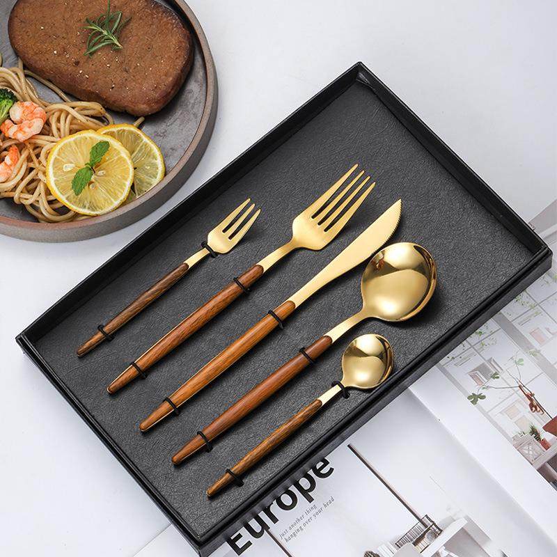 木纹柄不锈钢葡萄牙餐具五件套日式西餐刀叉牛排刀叉勺礼盒装定制