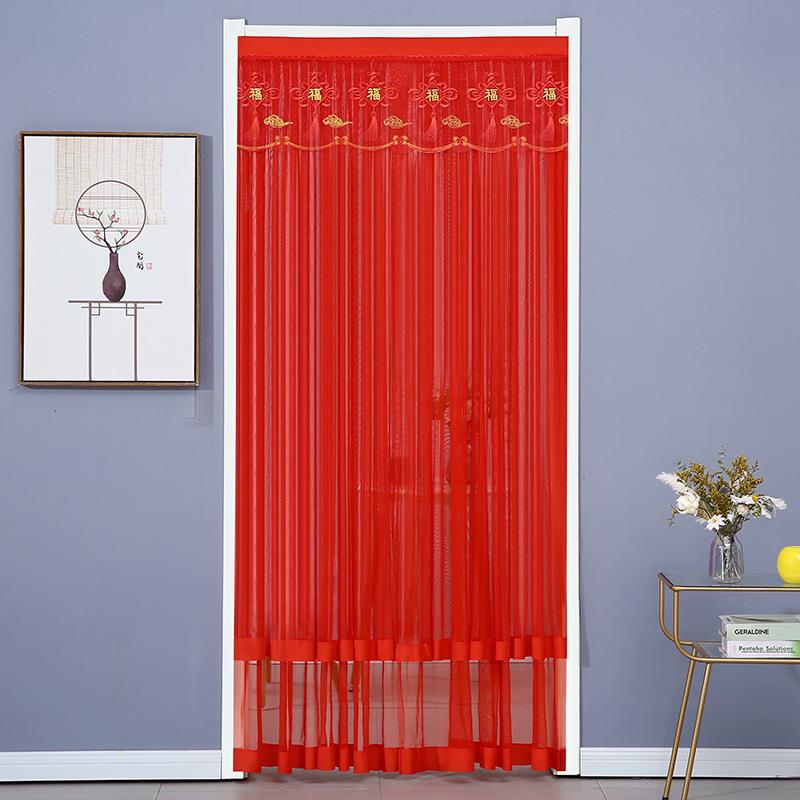 红色双层蕾丝门帘家用结婚喜庆防蚊虫免打孔门帘魔术贴自粘卧室隔