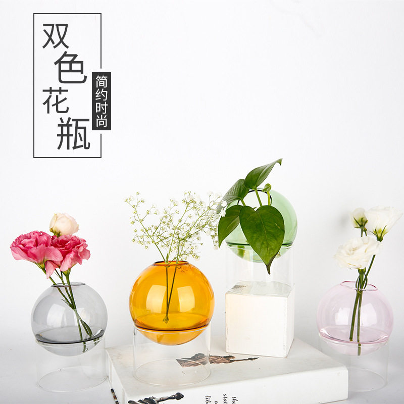 双色简易玻璃花瓶 玻璃品透明客厅餐桌摆件富贵竹鲜花百合干花瓶
