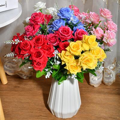 10头艳色卷边玫瑰仿真花客厅装饰人造花 婚庆婚礼喜庆花束玫瑰花