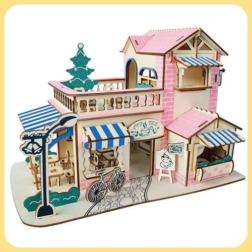 浪漫咖啡屋 激光切割木质制3D立体仿真拼图房子模型儿童拼装玩具