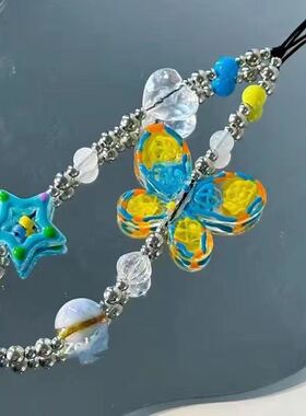 自制ins风手绘绿色蝴蝶串珠手机链手机绳个性挂饰ccd相机防丢绳美