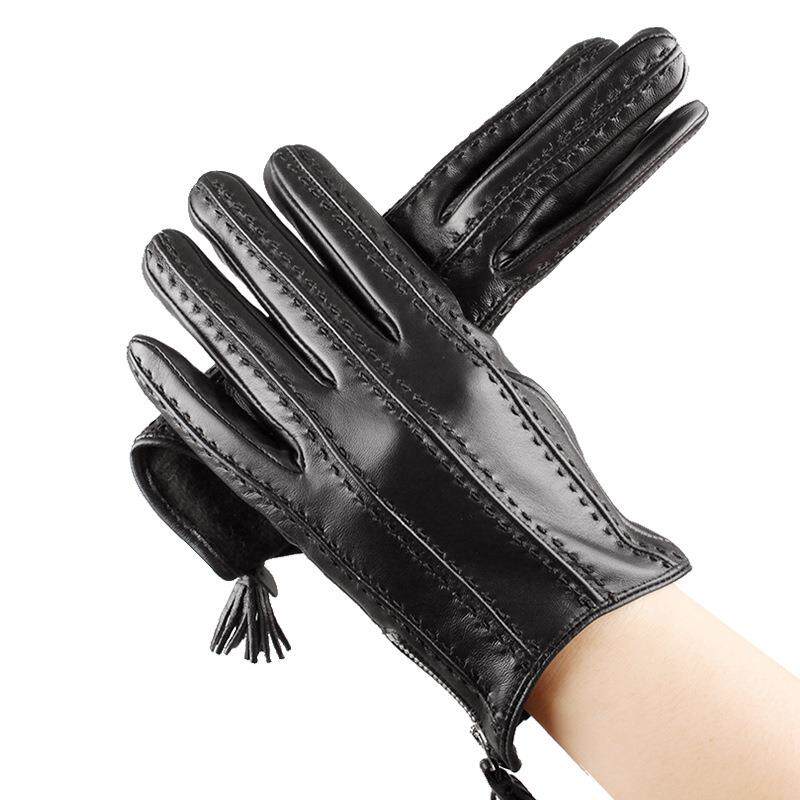 秋冬时尚欧美手套女士户外电车骑行保暖防风拉链羊皮手套薄款定制