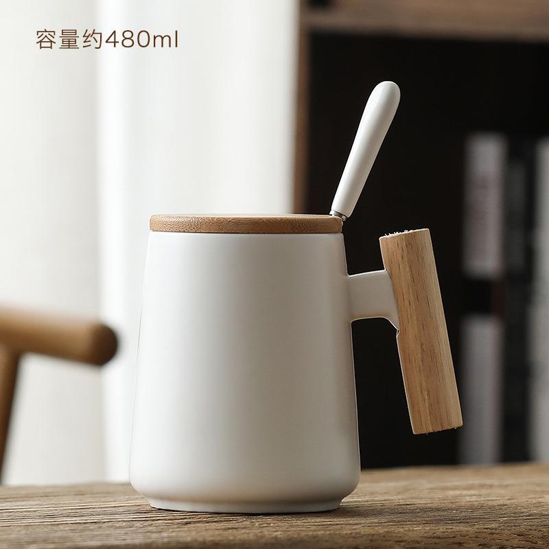 木手柄陶瓷杯外贸马克杯礼盒装咖啡杯情侣杯办公室水杯带盖勺logo