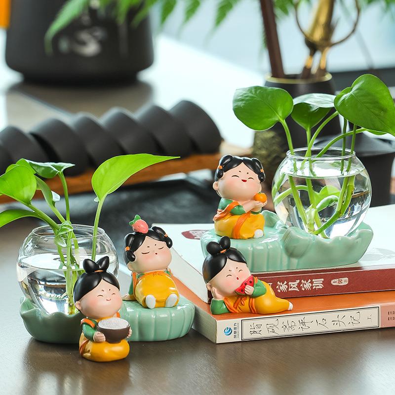 新款中式唐仕女青瓷水培花瓶玻璃桌面摆件家居装饰品绿萝水养花器